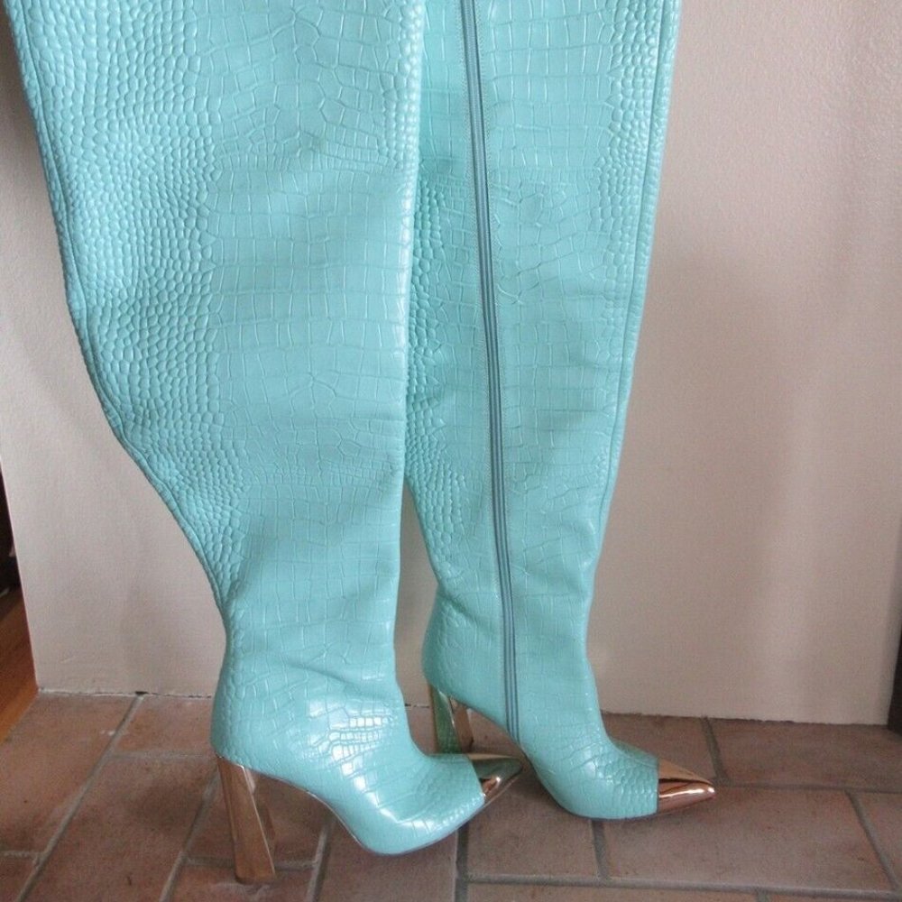 🚫 Sold 🚫 8.5 Jennifer Le Pastel Green Thick Heel Croc Thigh High Boot,